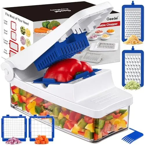 Produktbild: Geedel 4 in 1 Gemüseschneider, Zwiebelschneider Manuell Reibe für Gemüse Gemüsehobel, Gemüse Schneider mit Austauschbare Klingen für Käse, Obst, Gemüse, Karotte, Kartoffel (Blau)