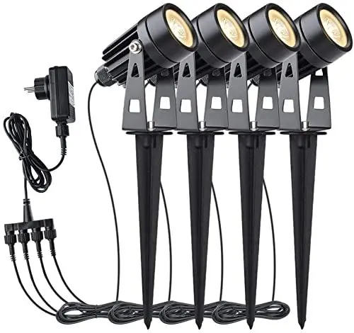 Produktbild: GEEDIAR LED Gartenbeleuchtung, 4 Stücke, Warmweiß 3200K Gartenleuchte mit Erdspieß, IP65 Wasserdicht LED Gartenstrahler mit Stecker, Gartenlampe für Außen Garten Rasen Dekorative