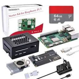 Produktbild: GeeekPi Starter Kit für Raspberry Pi 5 8GB, mit N04 M.2 NVMe SSD PCIe Peripheriekarte, Metallgehäuse, offiziellem aktiven Kühler, 64GB SD Karte und Kartenleser, HDMI Kabel, 27W USB C 5.1V 5A Netzteil