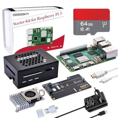 Produktbild: GeeekPi Starter Kit für Raspberry Pi 5 8GB, mit N04 M.2 NVMe SSD PCIe Peripheriekarte, Metallgehäuse, offiziellem aktiven Kühler, 64GB SD Karte und Kartenleser, HDMI Kabel, 27W USB C 5.1V 5A Netzteil