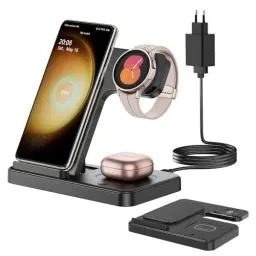 Produktbild: GEEKERA Induktive Ladestation für Samsung, 3 in 1 Faltbare Wireless Charger für Samsung S24/S23/S22/Ultra, Induktionsladegerät für Galaxy Watch 7/6/5/4/3, Kabelloses Ladegerät für Galaxy Buds-Schwarz