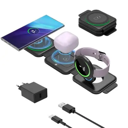 Produktbild: GEEKERA Induktive Ladestation für Samsung, 3 in 1 Faltbare Wireless Charger für Samsung S24/S23/S22/S21/Ultra, Reise Induktionsladegerät für Galaxy Watch, Kabelloses Ladegerät für Galaxy Buds-Schwarz