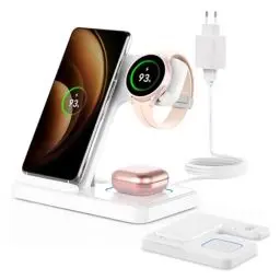 Produktbild: GEEKERA Induktive Ladestation für Samsung, 3 in 1 Faltbare Wireless Charger für Samsung S24/S23/S22/Ultra, Induktionsladegerät für Galaxy Watch 7/6/5/4/3, Kabelloses Ladegerät für Galaxy Buds-Weiß