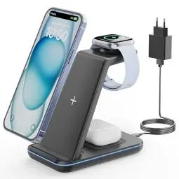 Produktbild: GEEKERA Wireless Charger, 3 in 1 Induktive Ladestation für iPhone 16/15/14/13/12/11/Pro Max, Ladestation für Apple Watch Ultra/10/9/8/7/6/5/4/3/2/SE, Kabelloses Ladegerät für AirPods Pro/4/3/2-Schwarz