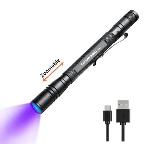 Produktbild: Geekhigh UV-Taschenlampe wiederaufladbar, 395nm Ultraviolett-Taschenlampe, Zoomable Pen Schwarzlicht Taschenlampe IP54 wasserdicht Detektor für Haustier-Urin, Katze Hund Flecken, Skorpion, Bettwanze