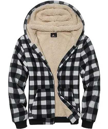 Produktbild: geeksport Fleecejacke Herren Sweatjacke Männer mit Kapuze Warme Kapuzenjacke Gefüttert Winterjacke Kariertes Hoodie mit ReißVerschluss, 2539-Schwarz XL