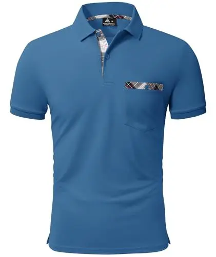 Produktbild: geeksport Poloshirt Herren Kurzarm Golf Polo mit Tasche Kontrastfarbe Sommer Atmungsaktive T-Shirt Business Elegant Polohemd für Männer(Blau L)