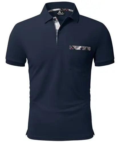Produktbild: geeksport Poloshirt Herren Kurzarm Golf Polo mit Tasche Kontrastfarbe Sommer Atmungsaktive T-Shirt Business Elegant Polohemd für Männer(Marineblau L)