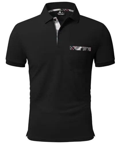 Produktbild: geeksport Poloshirt Herren Kurzarm Golf Polo mit Tasche Kontrastfarbe Sommer Atmungsaktive T-Shirt Business Elegant Polohemd für Männer(Schwarz L)