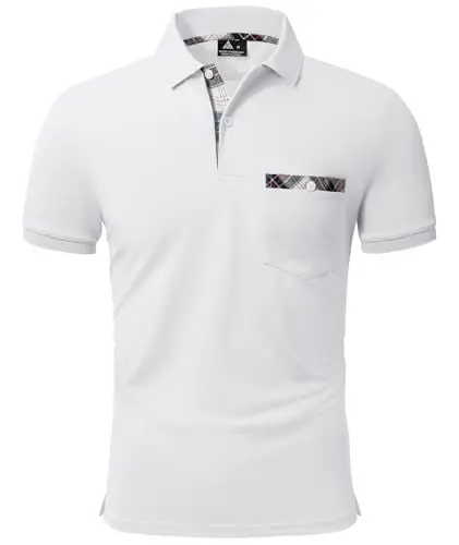 Produktbild: geeksport Poloshirt Herren Kurzarm Golf Polo mit Tasche Kontrastfarbe Sommer Atmungsaktive T-Shirt Business Elegant Polohemd für Männer(Weiß L)