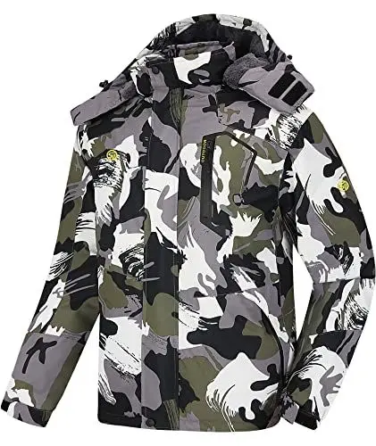 Produktbild: geeksport Winterjacke Herren Warm Parka Winter Wasserabweisend Gefüttert Berg-Skijacke Abnehmbarer Kapuze Snowboardjacke Winddicht Outdoorjacke Camo Seladonglasur L
