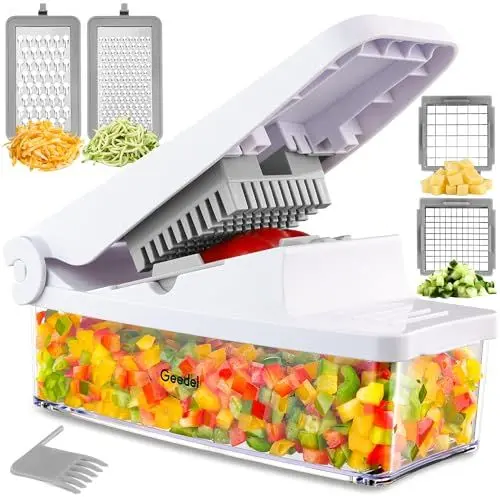 Produktbild: Geeldel Gemüseschneider, Gemüsehobel für Würfel Stifte, Zwiebelschneider Gemüse Schneider mit Austauschbare Klingen, Reibe für Gemüse, Vegetable Chopper Dicer, Manuell Küchenhelfer (4 in 1, Weiß)
