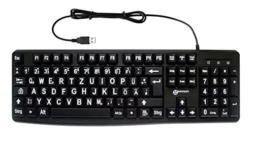 Produktbild: Geemarc Alphanumerische Tastatur mit Kabel und großen weißen Zeichen auf großen schwarzen Tasten - Hoher Kontrast für Sehbehinderte - Kompatibel mit Windows XP, Vista, 7, 8, 10 - QWERTZ