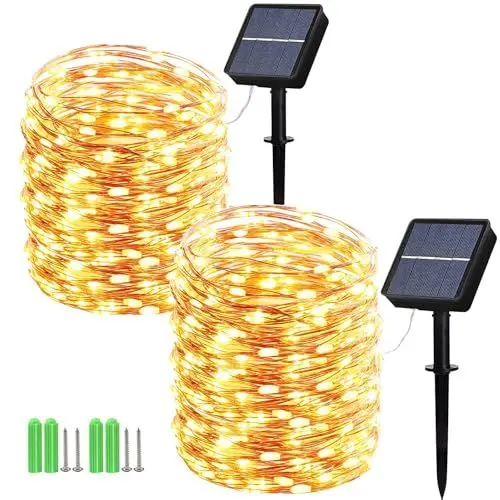 Produktbild: Geemoo 2 Stück Solar Lichterkette Aussen 2x15M 150 LED, Solar Weihnachtsbeleuchtung Außen Wasserdicht, 8 Modi Kupferdraht Solarlichterkette Warmweiß für Garten Terrasse Party Weihnachten Deko