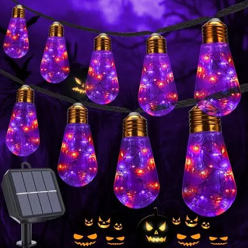 Produktbild: Geemoo Halloween Deko Outdoor, 8M 160LED Solar Lichterkette Aussen mit 16 Glühbirnen, Halloween Solarlichterkette Orange Lila mit 8 Modi, IP65 Wasserdicht Outdoor Deko für Party Garten Terrasse Balkon