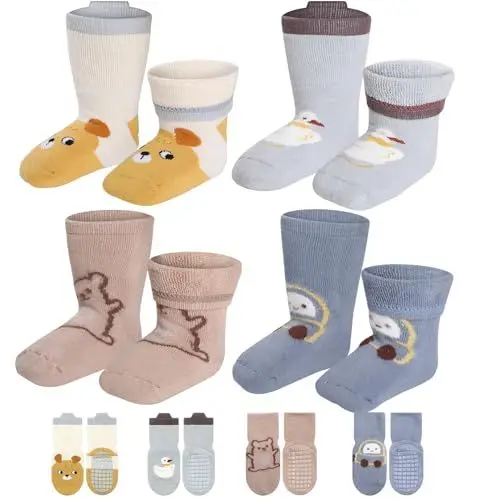 Produktbild: GeeRic Rutschfeste Socken für Baby Jungen Mädchen, 4 Paar ABS Anti-Rutsch Stoppersocken 3-5 Jahre