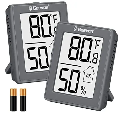 Produktbild: Geevon Digital Hygrometer, 2 Innenthermometer Raum Luftfeuchtigkeit Messgerät mit Batterie, Digital Temperatur Messgerät Luftfeuchtigkeit Meter Indikator für Haus, Büro, Gewächshaus, Mini Hygrometer