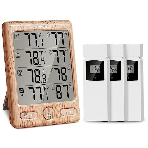 Produktbild: Geevon Funk Thermometer Innen Außen mit 3 Fernsensoren, Thermometer Hygrometer Feuchtigkeit Digital, Temperatur und Luftfeuchtigkeitsmesser mit 200FT/60M Reichweite(Gelb)
