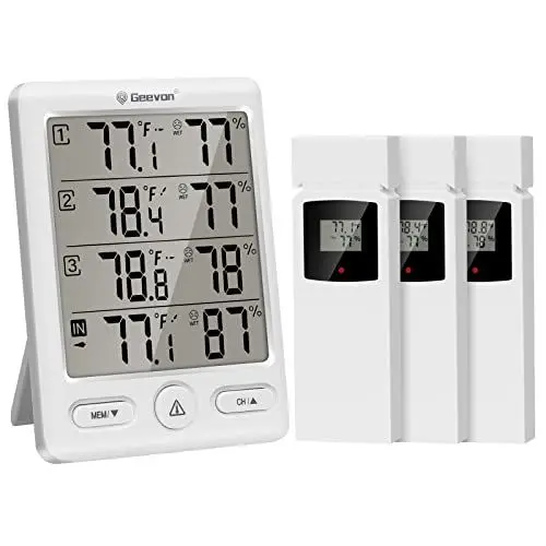 Produktbild: Geevon Funk Thermometer Innen Außen mit 3 Fernsensoren, Thermometer Hygrometer Feuchtigkeit Digital, Temperatur und Luftfeuchtigkeitsmesser mit 60M/200FT Reichweite