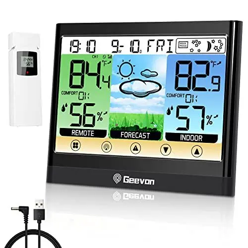 Produktbild: Geevon Wetterstation Funk mit Außensensor, Innen- und Außenthermometer Hygrometer mit Wettervorhersage, Hitzeindex, Taupunkt, Komfortanzeige, Temperaturalarm, Wecker & Schlummerfunktion