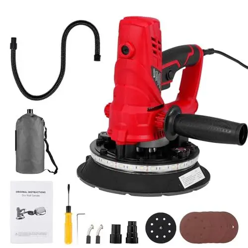 Produktbild: Geevorks Trockenbauschleifer mit Absaugung, 850W Elektro Deckenschleifer, 6 Drehzahlen Einstellbar 1500-2600RPM mit 12 Stück 180mm Schleifscheibn, 360° LED-Licht, 1.5M Staubschlauch und Staubsack