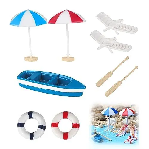 Produktbild: GEFIRE 7 Stück Miniatur Dekoration Strand-Mikrolandschaft Mini-Stranddekorationen Miniliegestuhl Strandkorb Sonnenschirm Deko Accessoires für Puppenhaus, Mikro-Landschaftsdekoration