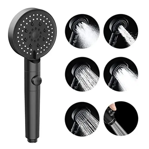 Produktbild: GEFIRE Hochdruck-Handbrause mit 5 Funktionen und Ein/Aus-Pausenschalter, Wassersparender Duschkopf Anti-Verstopfungsdüse Duschkopf Handbrause, Einfach zu verwenden Universal-Duschkopf (Schwarz)