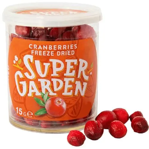 Produktbild: Super Garden Gefriergetrocknete Preiselbeeren - 100% Natürliche Wilde Früchte ohne Zuckerzusatz - Veganer Snack für Müsli, Joghurt & Smoothies - Reich an Vitaminen - 20 g