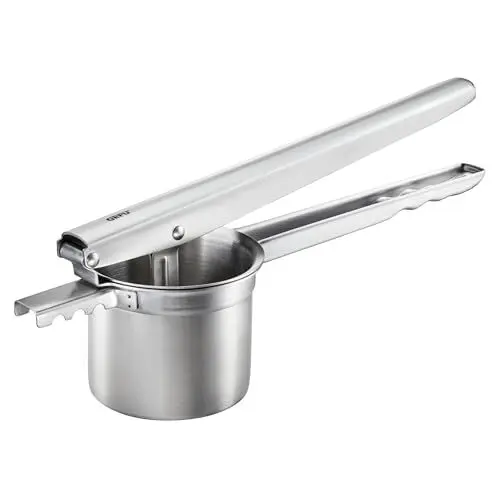 Produktbild: GEFU PRENSO Kartoffelpresse aus Edelstahl mit 3 Wechsel-Lochscheiben - Multifunktionale Spätzle- & Saftpresse für Kartoffelpüree, Obst & Gemüse - 31,5cm Länge, Spülmaschinengeeignet