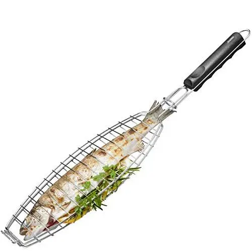 Produktbild: GEFU Fischbräter BBQ – Fischgriller aus Edelstahl mit klappbaren Verschluss & ergonomischem Griff, gleichmäßiges Garen & müheloses Wenden - für ganze Fische bis 26,5 cm Länge