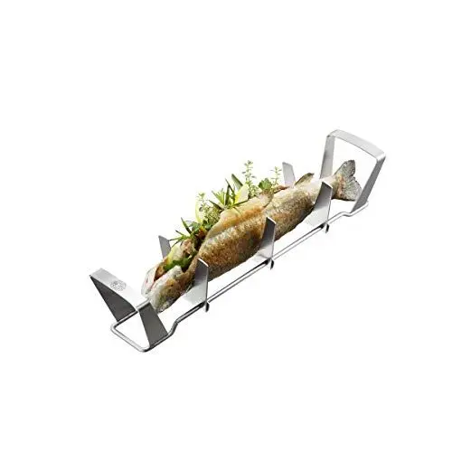 Produktbild: GEFU Fischhalter BBQ – Edelstahl-Fischhalter für Grill & Backofen, kein Wenden & Auslaufen von Marinade, stufenlos verstellbare 3-Punkt-Auflage für Fische bis 35cm – spülmaschinenfest