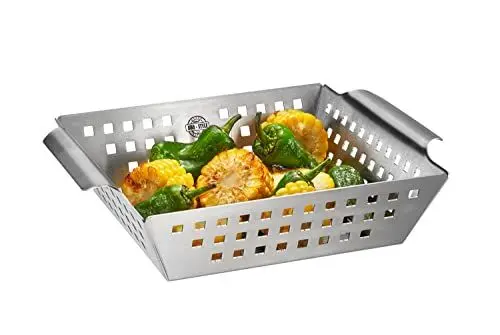 Produktbild: GEFU Grillschale BBQ klein – Edelstahl Grillkorb mit seitlichen Griffen | Perfekt für Gemüse, Fisch, Kartoffeln | Optimale Hitzezirkulation