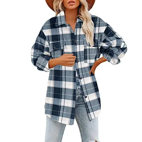 Produktbild: GefüTterte Jacke Damen Leichtsteppjacke FüR Damen Karierte Hemden für Damen, Langarm, Flanell-, Button-Down-Taschen, Shacket-Jacke, Mäntel Jacken Damen üBergangsjacken Jacke Damen Schwarz (Black, XXL)