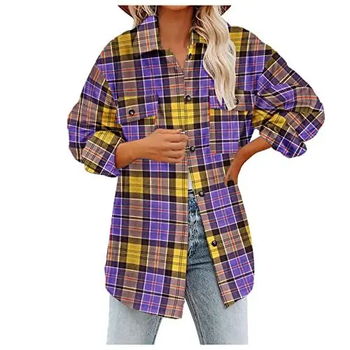 Produktbild: GefüTterte Jacke Damen Leichtsteppjacke FüR Damen Karierte Hemden für Damen, Langarm, Flanell-, Button-Down-Taschen, Shacket-Jacke, Mäntel Jacken Damen üBergangsjacken Jacke Damen Schwarz (Purple, XL)