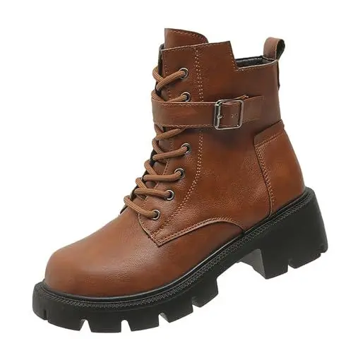 Produktbild: Gefütterte Boots Damen British Style Biker Boots Thick Bottom Belt Buckle Retro Short Boots Large Size Boots Stiefel Damen 43 Größe (Brown, 35)