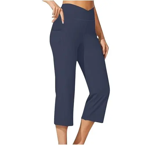 Produktbild: Linen Trousers Women Stoffhose Damen Weit Hosen Knielange Leggings für Damen, hohe Taille, Caprihose, Workout, Bikerhose, Abnehmen, athletische Sommerhose Damen Weit Linen Pants Women Hosen (Navy, M)