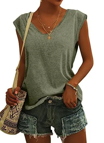 Produktbild: GeGekoko Damen T-Shirt Kurzarm V-Ausschnitt Flügelärmeln Oberteile Blusen Sommer Casual Lose Tank Top Basic Mädchen Tops Armeegrün L