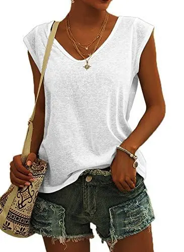 Produktbild: GeGekoko Damen T-Shirt Kurzarm V-Ausschnitt Flügelärmeln Oberteile Blusen Sommer Casual Lose Tank Top Basic Mädchen Tops Weiss L