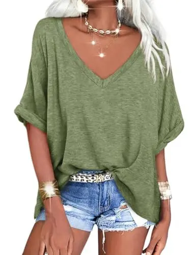 Produktbild: GeGekoko Damen T-Shirt Sommer Kurzarm V-Ausschnitt Oversized Oberteil Locker Frauen Casual Lose Tops Elegant Bluse,Schwarz(033),L
