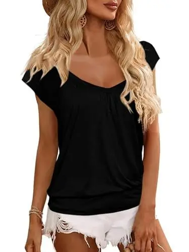 Produktbild: GeGekoko Damen T-Shirt V-Ausschnitt Kurzarm Oberteil Lose Banded Bottom Shirt Sommer Plissee Tops (Schwarz, XL)