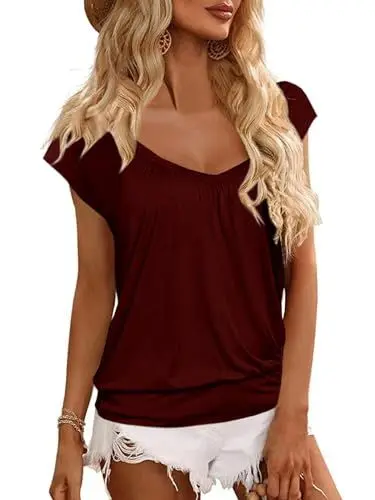 Produktbild: GeGekoko Damen T-Shirt V-Ausschnitt Kurzarm Oberteil Lose Banded Bottom Shirt Sommer Plissee Tops (Weinrot, S)