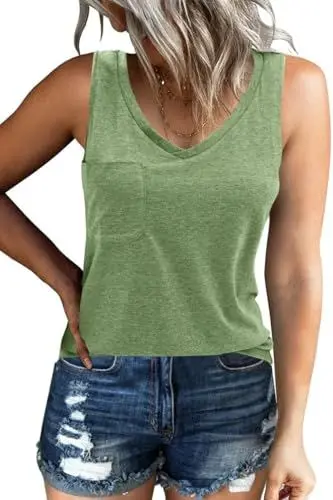 Produktbild: GeGekoko Damen Tank Top Ärmellos V-Ausschnitt Tops Raceback Sommer Oberteil mit Taschen (Armeegrün, L)