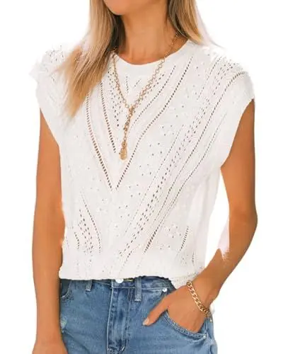 Produktbild: GeGekoko Damen Tank Tops mit Flügelärmeln Sommer Rundhals Oberteil Ärmellose Leichter Häkelstrickpullover Vest Shirt