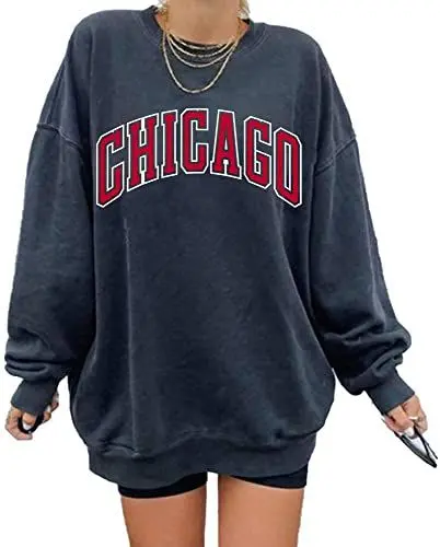 Produktbild: GeGekoko Damen übergroße Sweatshirt CHIGAGO Oversized Langarmshirt Rundhals Pullover Casual Oberteile Tops