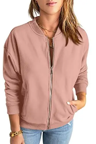 Produktbild: GeGekoko Zip Sweatshirt Damen übergroße Jacket Sweatshirt Einfarbige Loose Langarm Tops Oberteile mit Tasche M，Rosa