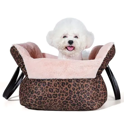 Produktbild: Geiliayes 2-in-1 Katzenbett Hundebett für Kleine Hunde Katzen unter 7,5 kg | Abnehmbare Waschbare Hunde Katzen Autositz mit Griff | Warm Leopardenmuster modische Hundetasche, 50x45x30 cm (Rosa)