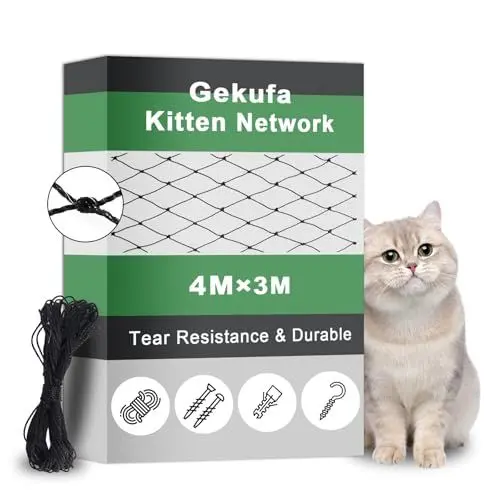 Produktbild: Gekufa Katzennetz für Balkon, Schwarzes 4 x 3m drahtverstärktes Balkonnetz für Katzenschutz, Langlebiges Katzenschutznetz mit 15M Befestigungsseil und Zubehör für Balkone und Fenster