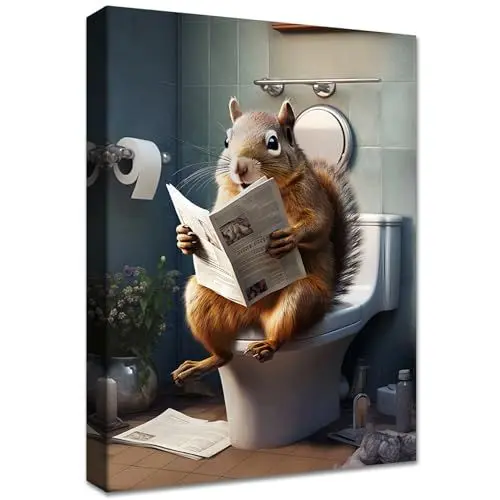 Produktbild: Gelb Braun Leinwand Bilder Mit Rahmen Eichhörnchen auf der Toilette Wandbilder Wandkunst Leinwand Malerei Poster Kunstdrucke Bauernhaus Landhaus Bild Schlafzimmer Badezimmer Wanddekoration 30x40cm
