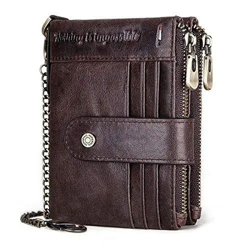 Produktbild: Geldbörse Herren Echtem Leder Brieftasche Herren RFID Schutz Portemonnaie Klein mit Kette, Ledergeldbörse Geldbeutel Männer 19 Kartenfächern und Portmonee Herren Reißverschluß Münzfach (Kaffee)
