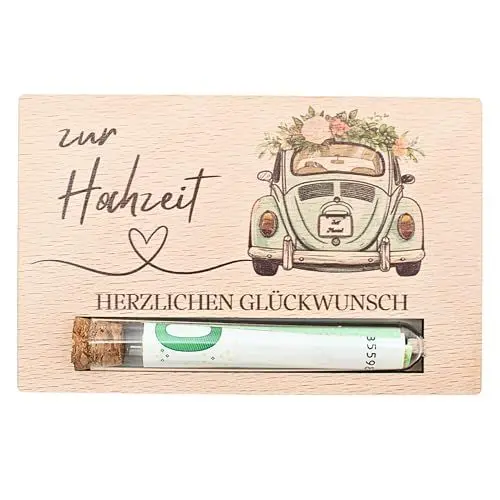 Produktbild: Geldgeschenk zur Hochzeit - Geschenkkarte aus Holz, Hochzeitsgeschenk Brautpaar, Geld kreativ verschenken, Eheleute, Geschenkverpackung Geld Gutschein (Hochzeitsauto)